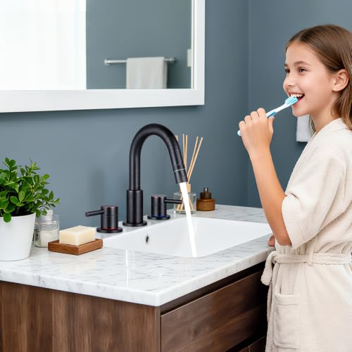 Bathroom Faucet 3 Hole with Pull Down Sprayer, Oil Rubbed Bronze | Lead-free stainless steel, pop-up drain, 2-handle, 360°swivel, 8-inch widespread Faucet for RV/vanity sink, 3-hole mount - color: 2-Oil Rubbed Bronze, style: 8 Inch Pull Down