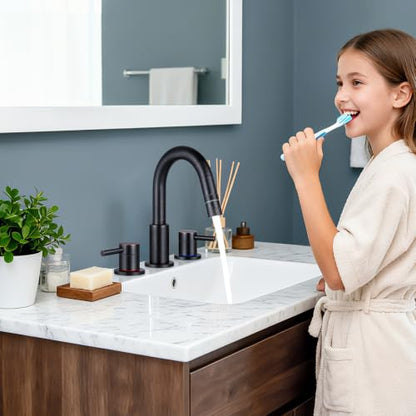 Bathroom Faucet 3 Hole with Pull Down Sprayer, Oil Rubbed Bronze | Lead-free stainless steel, pop-up drain, 2-handle, 360°swivel, 8-inch widespread Faucet for RV/vanity sink, 3-hole mount - color: 2-Oil Rubbed Bronze, style: 8 Inch Pull Down