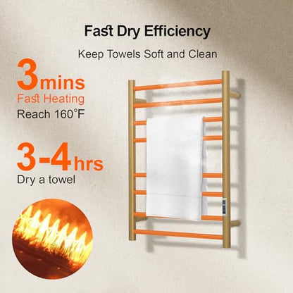 Electric Heated Towel Warmer - Wall Mounted Bathroom Towel Rack, Plug-in Design & Gold Brushed Stainless Steel Finish 8 Bar Gold with Timer & Temperature Control - color: Gold With Timer 8 Bar Etw44-2, size: 8 Bar
