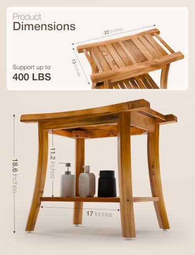 TINAMO 22" Teak L Shower Bench Seat for Inside Shower, 400Lbs Capacity | Solid Teak Wood, Sturdy 400 LBS Capacity, Slatted Design, Built-In Shelf & Handles, Non-Slip, Water-Resistant, Versatile Use