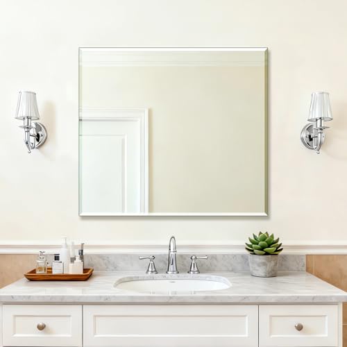 Ruomeng Frameless Mirror for Wall, 40x36 Inch Bathroom Vanity Mirror Farmhouse, Large Rectangle Mirror with Beveled Edge, Tempered Glass, Hangs Horizontally or Vertically - size: 40"L x 36"W