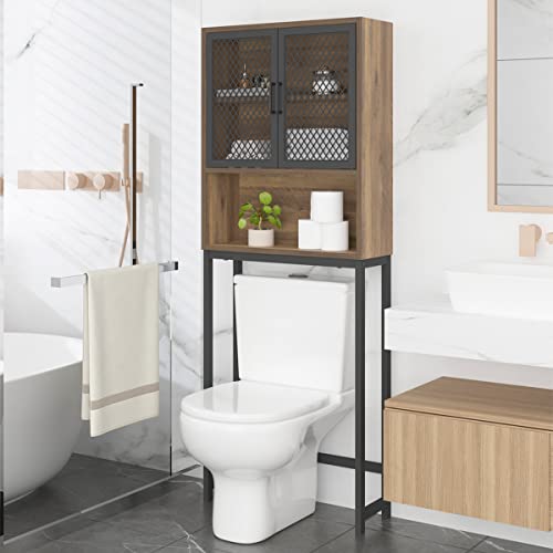 Launica Over the Toilet Storage Cabinet, Over Toilet Bathroom Organizer with Mesh Doors and Shelves, Freestanding Bathroom Storage Cabinet Above Toilet, Wood and Metal, Rustic Oak - color: Rustic Oak