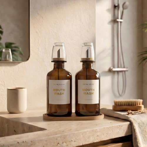 11.8OZ Glass Mouthwash Dispenser, Set of 2, Amber | Stainless Steel & Bamboo Nozzle, Mouthwash Cup Reusable, Bamboo Tray, Elegant Gold Sticker - color: Amber/350*2