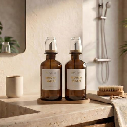 11.8OZ Glass Mouthwash Dispenser, Set of 2, Amber | Stainless Steel & Bamboo Nozzle, Mouthwash Cup Reusable, Bamboo Tray, Elegant Gold Sticker - color: Amber/350*2