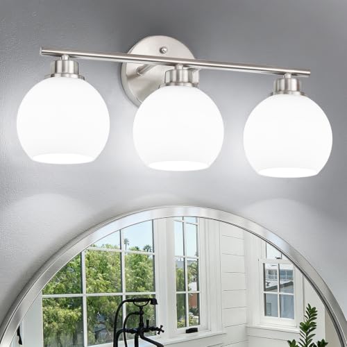 Brushed Nickel Bathroom Light Fixtures, 3-Light Vanity Light Over Mirror | Modern Bathroom Lighting Over Mirror, Wall Sconces, Milky White Globe Glass Shades, E26 Socket,ETL Listed - color: Brushed Nickel, size: 3-Light