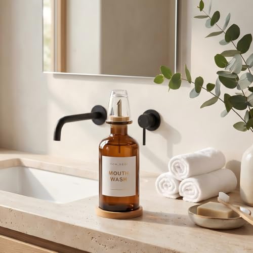 11.8OZ Glass Mouthwash Dispenser for Bathroom, Amber | Stainless Steel & Bamboo Nozzle, Reusable Mouthwash Cup, Bamboo Tray, Elegant Gold Sticker - color: Amber/350*1