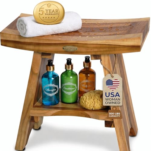 EcoDecors Teak Shower Bench 18", 300 lb Capacity – Waterproof Wood Bath Seat with Shelf, Spa Seating for Adults – Compact Fit for Small Bathrooms & Walk-in Showers – Slip-Resistant Feet - size: 18" shelf