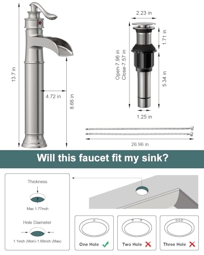 BWE Waterfall Vessel Sink Faucet Brushed Nickel Single Handle 1 Hole | Tall Bathroom Sink Faucets Commercial Mixer Tap with Supply Line and Pop Up Drain without Overflow Lavatory Vanity - color: Brushed Nickel