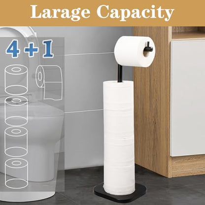 Toilet Paper Holder Stand, Free Standing Tissue Paper Storage for Bathroom, Stainless Steel Toilet Paper Stand with Reserve for 5 Roll Weighted Base Bathroom Toilet Roll Holder(Matte Black) - color: Matte Black