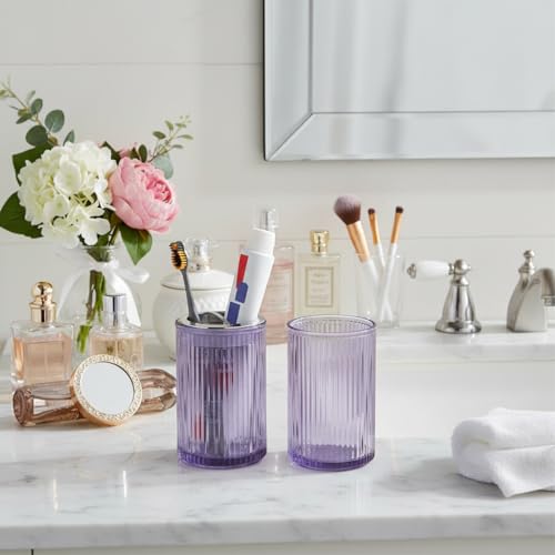 Toothbrush Holders for Bathrooms, 2pcs Purple Glass Toothbrush Holder, Bathroom Toothbrush Cup and Toothpaste Holder with Silver Divider, Tooth Brush and Toothpaste Organizer for Countertop - color: Purple Silver