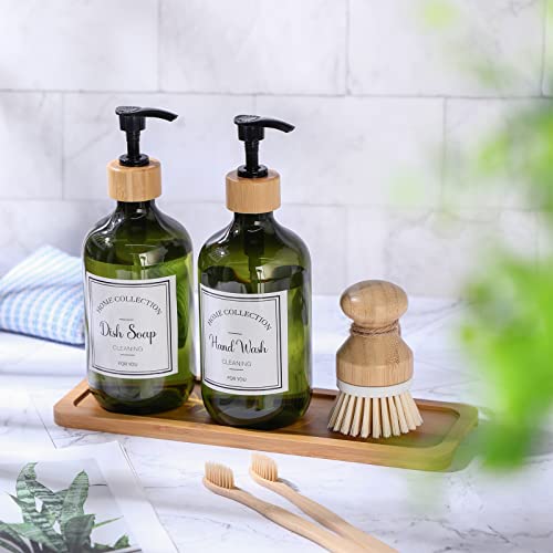 Zopeal 4 Pcs 16 oz Kitchen Soap Dispenser Set with Bamboo Tray and Dish Brush Plastic Soap Dispenser Set with Waterproof Labels for Hand Dish Lotion(Green) - color: Green