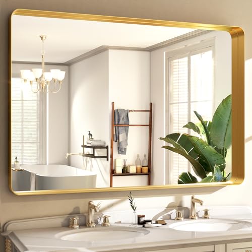 Easly 30 x 40 Inch Gold Bathroom Mirror for Wall,Aluminum Alloy Frame Rectangular Wall Mounted Mirror for Farmhouse Decor Horizontal or Vertical Ideal for Bedroom, Living Room - color: Gold, size: 40"L x 30"W