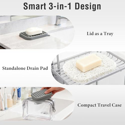 Silicone Travel Soap Case with Lid & Drain Tray, Leakproof, for Travel | Food-grade silicone, Leakproof seal, Built-in hook, Removable drain pad doubles as soap holder, For gym, travel, camping - color: Grey