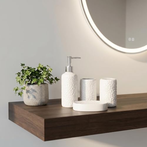 4 Piece White Ceramic Bathroom Accessories Set, 3D Embossed Floral Bath Decor Set with Soap Dispenser, Toothbrush Holder, Tumbler and Soap Dish, Elegant Countertop Organizer for Bathroom