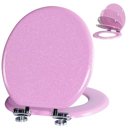 Angol Shiold Glitter Toilet Seat, Slow Close (Round, Pink) | Molded Wood Round Toilet Seat, Quiet Close, Quick Release Hinges, Easy to Install and Clean - color: Pink, size: Round 16.5‘’