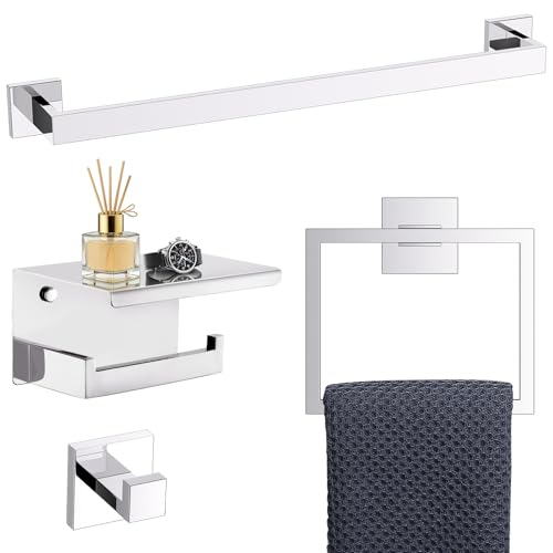 TURS Bathroom Hardware Set Chrome 4-Piece Towel Bar Set Include 24 Inch Towel Bar Towel Ring Towel Hook Toilet Paper Holder with Shelf Wall Mounted. - color: Chrome, size: Set C