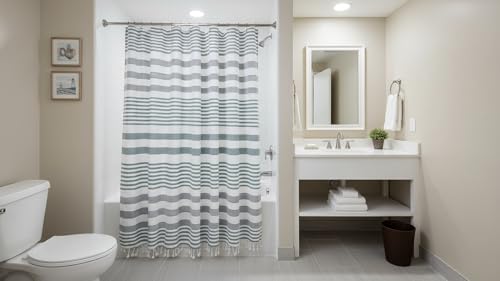 Teal Green and White Striped Cotton Fabric Shower Curtain with Fringe for Bathtub or Shower, Machine Washable Bath Curtain, 72 x 72 Inch, Margot Green - color: Margot Green Teal
