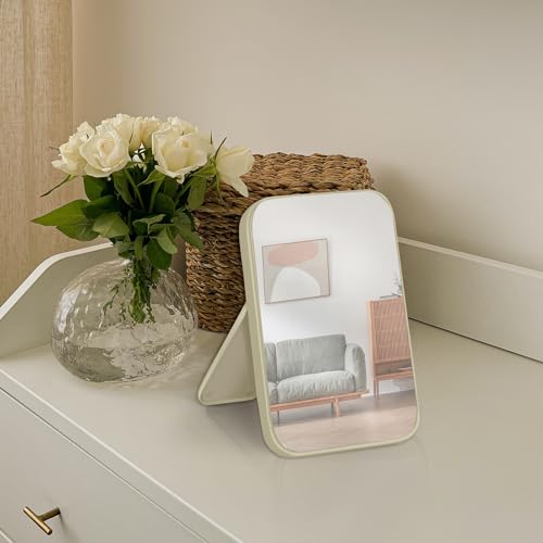 2Pcs Table Desk Vanity 8-Inch Makeup Mirror, Simple Portable Travel Mirror with Stand, Standing and Wall Hanging Dual-use Beige - color: 2pcs-beige