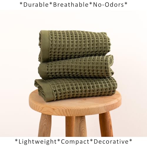 PÜSKÜL Natural 100% Turkish Cotton Waffle Hand and Kitchen Towels Set of 3 | Khaki Green, Large 32x16 inc, Honeycomb-Waffle weave towel for bathroom & kitchen. Premium quality oeko-tex made in Turkey. - color: Khaki Green, size: Kitchen & Hand Towels Pack