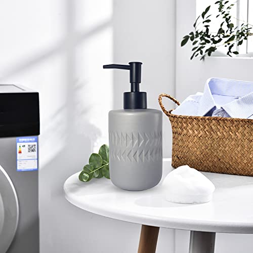 Gray Soap Dispenser with Matte Black Pump for Bathroom,Cylindrical Lotion Dispenser,12oz Ceramic Relief Hand Dish Soap Dispenser,Refillable Liquid Dispenser for Kitchen (Relief Gray) - color: Relief Gray