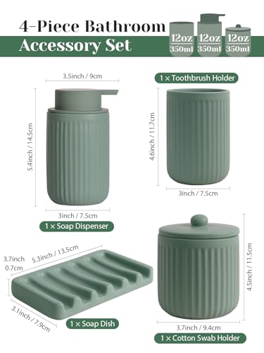INGOFIN 4 Pcs Ceramic Bathroom Accessory Set - Liquid Soap Dispenser, Toothbrush Holder,Contain Cotton Swab Jar & Soap Dish,Countertop Accessories for Home, Guest Bathroom, Office, Matte Green