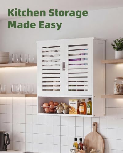 SMIBUY Bathroom Cabinet Wall Mounted, Bamboo Over-The-Toilet Storage Organizer, Space Saver Medicine Cabinet with 2 Door and Adjustable Shelves (White) - color: White