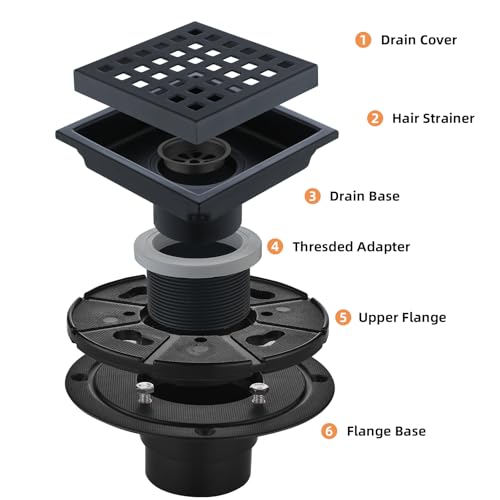 Square Shower Drain 4-Inch with ABS Flange, Matte Black, Removable Grille,Bathroom Stainless Steel Shower Floor Drain - color: 4-inch Matte Black