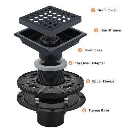 Square Shower Drain 4-Inch with ABS Flange, Matte Black, Removable Grille,Bathroom Stainless Steel Shower Floor Drain - color: 4-inch Matte Black