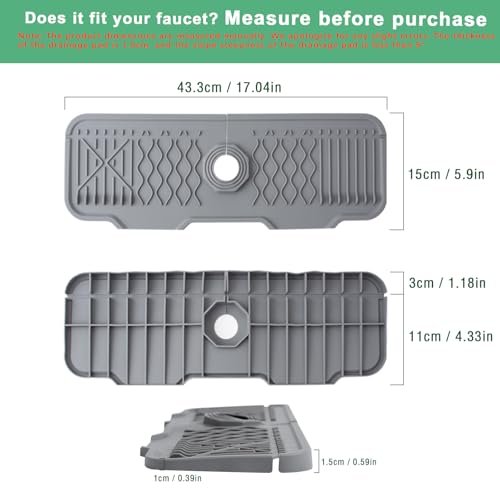 17 Inch Faucet Mat For Kitchen Sink Splash Guard Behind Faucet, ，5°Slope Fast Draining Silicone Mat , Dish Soap Sponge Holder for Bathroom Sink kitchen sink organizer (Grey, 17" x 6") - color: Gray