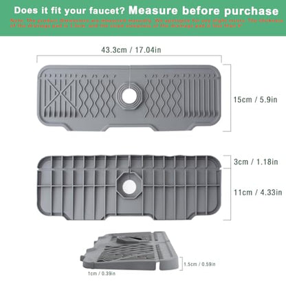 17 Inch Faucet Mat For Kitchen Sink Splash Guard Behind Faucet, ，5°Slope Fast Draining Silicone Mat , Dish Soap Sponge Holder for Bathroom Sink kitchen sink organizer (Grey, 17" x 6") - color: Gray