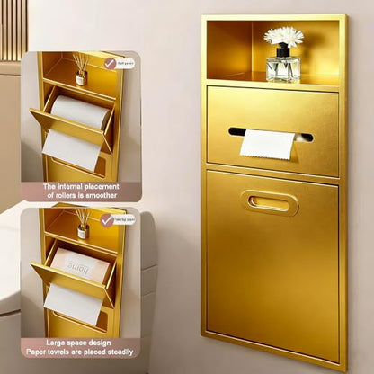 Stainless Steel Recessed Shower Nich with Built-in Trash Can(25.4X11.2IN) | Waterproof Bathroom Niche Alcove Toilet Paper Toiletries Storage Rack for Living Room Bedroom Hotel Residential - color: Gold