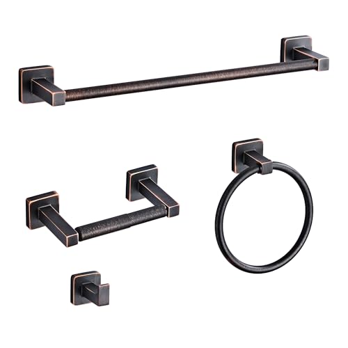 Bathroom Hardware Set 4 Pieces,Oil Rubbed Bronze Towel Bar Set Stainless Steel Wall Mounted, Includes 16In Hand Towel Bar, Towel Ring, Robe Towel Hooks,Toilet Paper Holder, Bathroom Towel Rack Set - color: Oil Rubbed Bronze, size: 16Inch