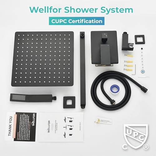 WELLFOR 12-In Wall Mounted Rain Shower Faucet with Single Handle and Handheld Spray, Waterfall Dual Head Shower Head System with 2-way Diverter, Pressure-balanced Valve Included, Matte Black - color: Matte Black, style: Wall Mount 12-Inch