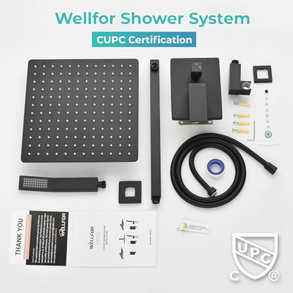 WELLFOR 12-In Wall Mounted Rain Shower Faucet with Single Handle and Handheld Spray, Waterfall Dual Head Shower Head System with 2-way Diverter, Pressure-balanced Valve Included, Matte Black - color: Matte Black, style: Wall Mount 12-Inch
