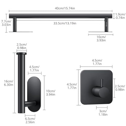 JiGiU 16-Inch Towel Bar, Self Adhesive Bath Hardware Set Bathroom Towel Holder with Toilet Paper Holder & 3 Packs Towel Hooks Stainless Steel Bathroom Hardware Accessory Kit, No Drilling-Black | Wall Mounted Towel Holder, Bathroom Accessories, Stainless S