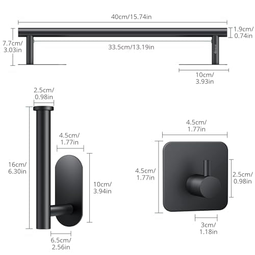 JiGiU 16-Inch Towel Bar, Self Adhesive Bath Hardware Set Bathroom Towel Holder with Toilet Paper Holder & 3 Packs Towel Hooks Stainless Steel Bathroom Hardware Accessory Kit, No Drilling-Black | Wall Mounted Towel Holder, Bathroom Accessories, Stainless S