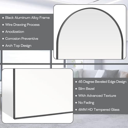 Black Arched Mirror 22x30in, Metal Framed Bathroom Vanity Wall | Tempered Glass, Shatter Proof, Living Room Bedroom Entryway, Modern Elegant Design - color: Black, size: 30"L x 22"W, style: Arched