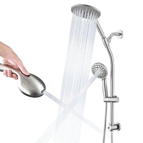High Pressure Shower Head with Handheld Shower, 26" Adjustable Height Drill-Free Slide Bar, 3-Way Diverter for Easy Reach, Dual Shower Head Combo Set with 5ft Hose - Brushed Nickel - color: Brushed Nickel