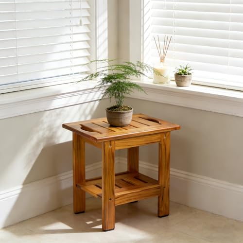 Utoplike Teak Shower Stool, Compact Showers Bench, Foot Rest Shaving Legs | Foot Stools for Shave Legs, with Shelf & Handle, 2-Tier. Small Wooden Bath Seat with Non-Slip Feet for Bathroom, Bathtub - size: Small