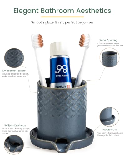 Zoeeker Toothbrush Holder, Ceramic Toothbrush and Toothpaste Holder Set | Electric Toothbrush Holder for Bathrooms Self-draining Toothbrush Organizer Makeup Brush Holder for Shower, Vanity, Blue - color: B-blue