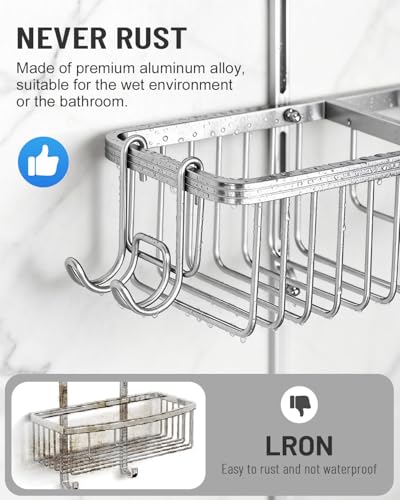 Adjustable Shower Caddy Hanging for Handheld Showerheads - Upgraded Never Rust Shower Hanging Organizer, Bathroom Shower Rack with Soap Basket, Hooks and Toothbrush Holder (Shiny Silver) - color: Shiny Silver