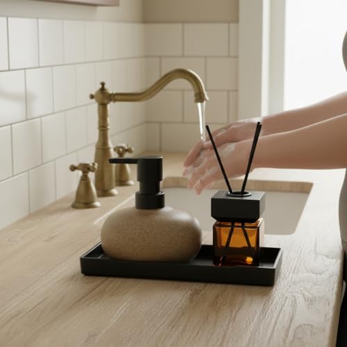 Bathroom Countertop Soap Dispensers Set, 300ml Ceramic Soap Dispenser with Amber Glass Bottle & Black Tray, Brown Ceramic Hand Soap Dispenser for Kitchen and Bathroom Counter - color: Brown