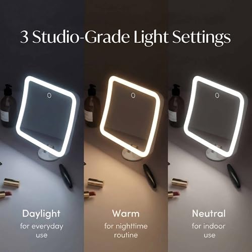 Fancii Rechargeable 10x Magnifying Mirror with 3 LED Light Settings, Dimmable Touch Light, Cordless, Locking Suction Mount, Lighted Mirror for Bathroom or Travel, Mira 2 (White)