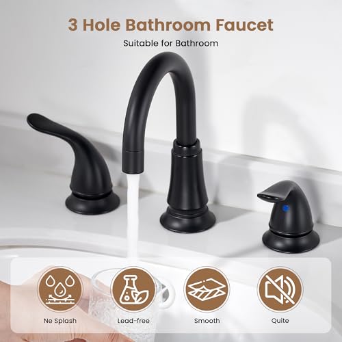 Matte Black Widespread Bathroom Faucet 3 Hole, 8 Inch Bathroom Sink Faucet | Adjustable Sink Faucet Bathroom with Pop-Up Drain & Supply Lines, Dual Handle 360° Swivel Spout, Modern Design