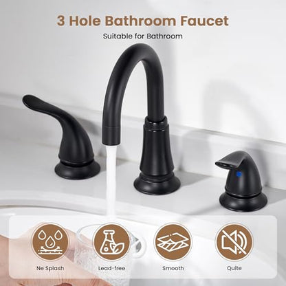 Matte Black Widespread Bathroom Faucet 3 Hole, 8 Inch Bathroom Sink Faucet | Adjustable Sink Faucet Bathroom with Pop-Up Drain & Supply Lines, Dual Handle 360° Swivel Spout, Modern Design