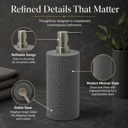 Resin Neutral Gray Sandstone Conditioner Engraved Bottle Refillable Pump Dispenser, Durable Waterproof Resin Construction for Bath, Shower - Gray Sandstone Satin Nickel Pump - color: Gray Sandstone Resin, Nickel Pump - Conditioner