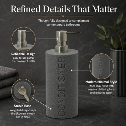 Resin Neutral Gray Sandstone Conditioner Engraved Bottle Refillable Pump Dispenser, Durable Waterproof Resin Construction for Bath, Shower - Gray Sandstone Satin Nickel Pump - color: Gray Sandstone Resin, Nickel Pump - Conditioner