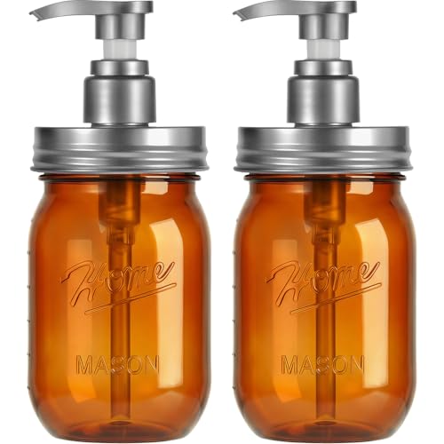 Amolliar Plastic Mason Jar Soap Dispenser with Pump Lid 16OZ - 2Pack Amber | Refillable BPA-Free Hand Soap Dispenser Set with Cute Lables, Farmhouse Decor for Kitchen Bathroom Liquid Dish Soap Lotion - color: Amber Jar With Silver Pump