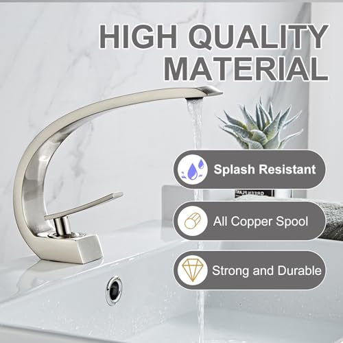 Brushed Nickel Bathroom Sink Faucet, Unique Design and Pop Up Drain - color: Brushed Nickel