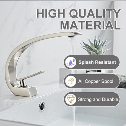 Brushed Nickel Bathroom Sink Faucet, Unique Design and Pop Up Drain - color: Brushed Nickel